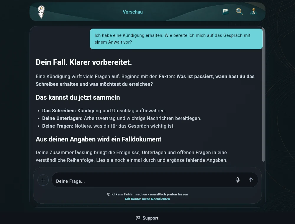 German AnwaltGuru chat showing an example question about a dismissal and preparing for a lawyer appointment.