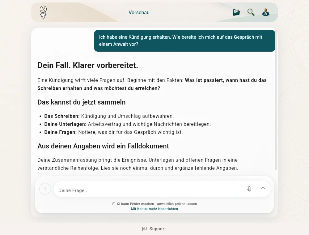 German AnwaltGuru chat showing an example question about a dismissal and preparing for a lawyer appointment.