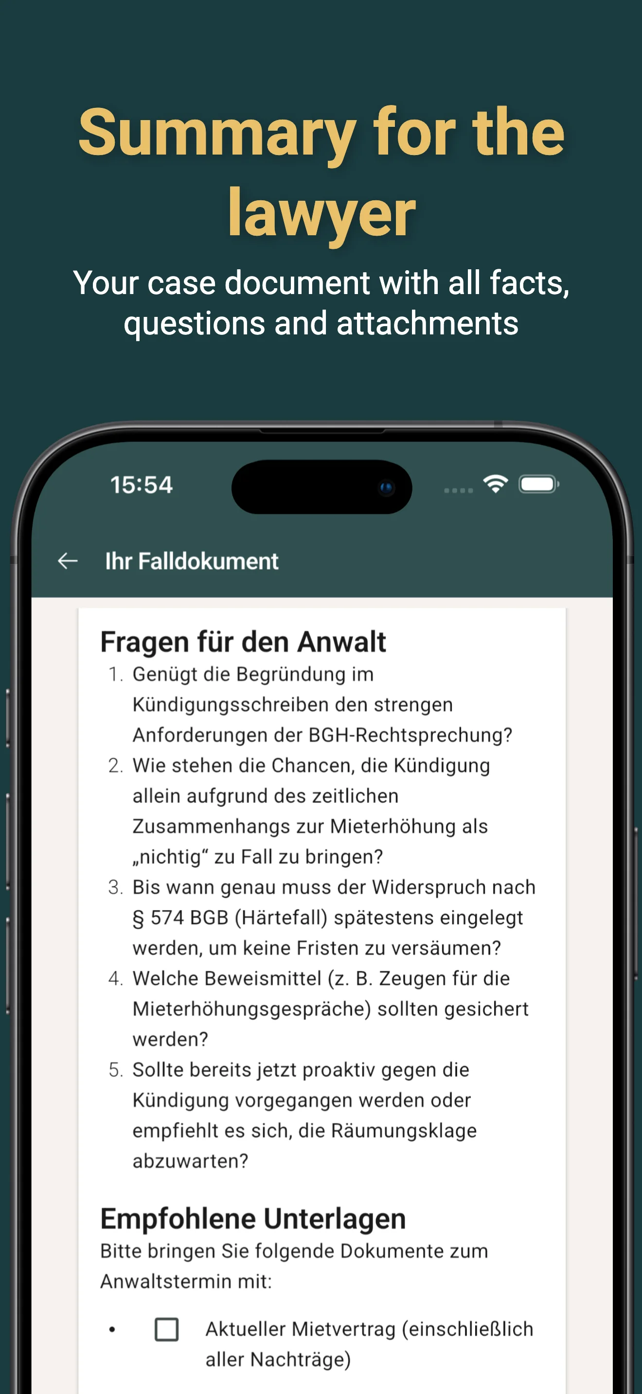 Case document - Summary for the lawyer