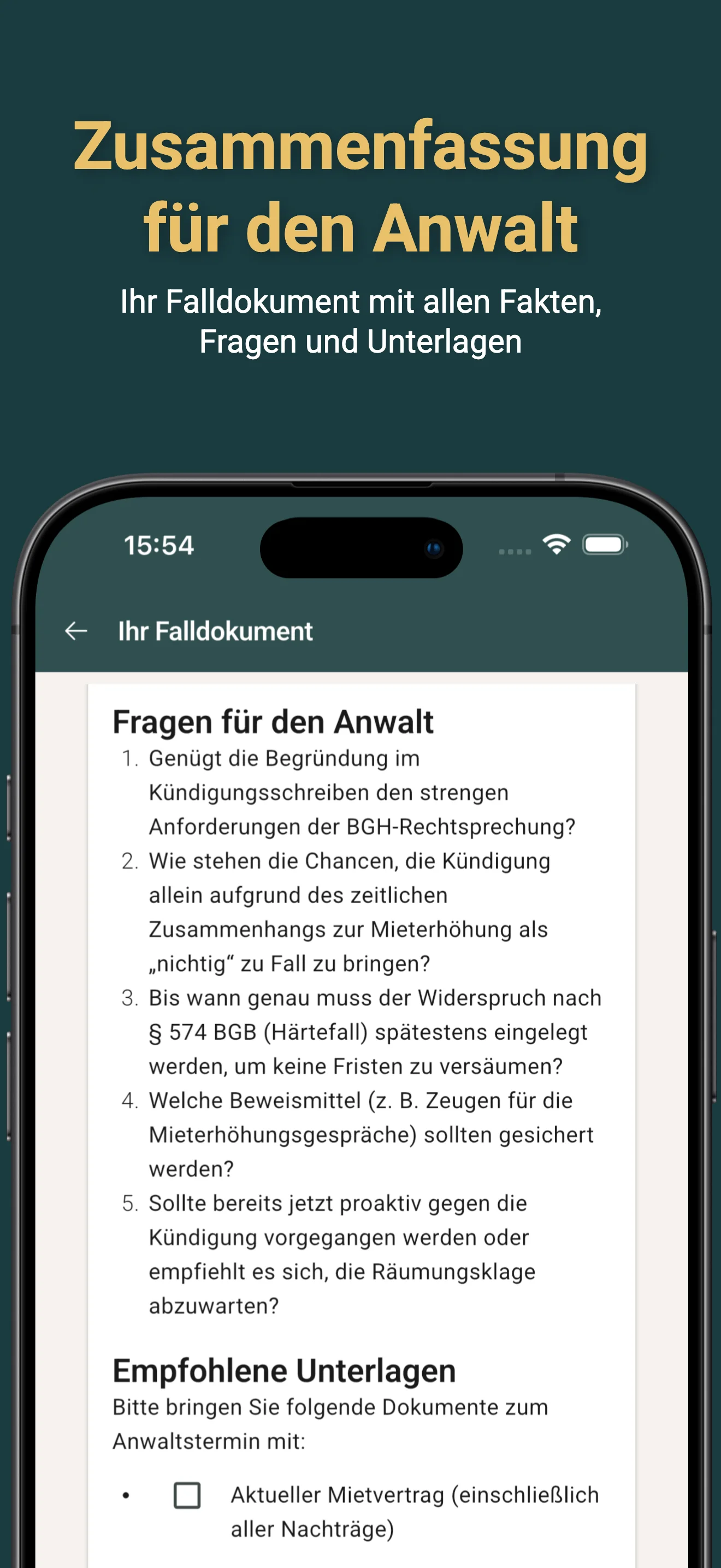 Falldokument - Zusammenfassung für den Anwalt