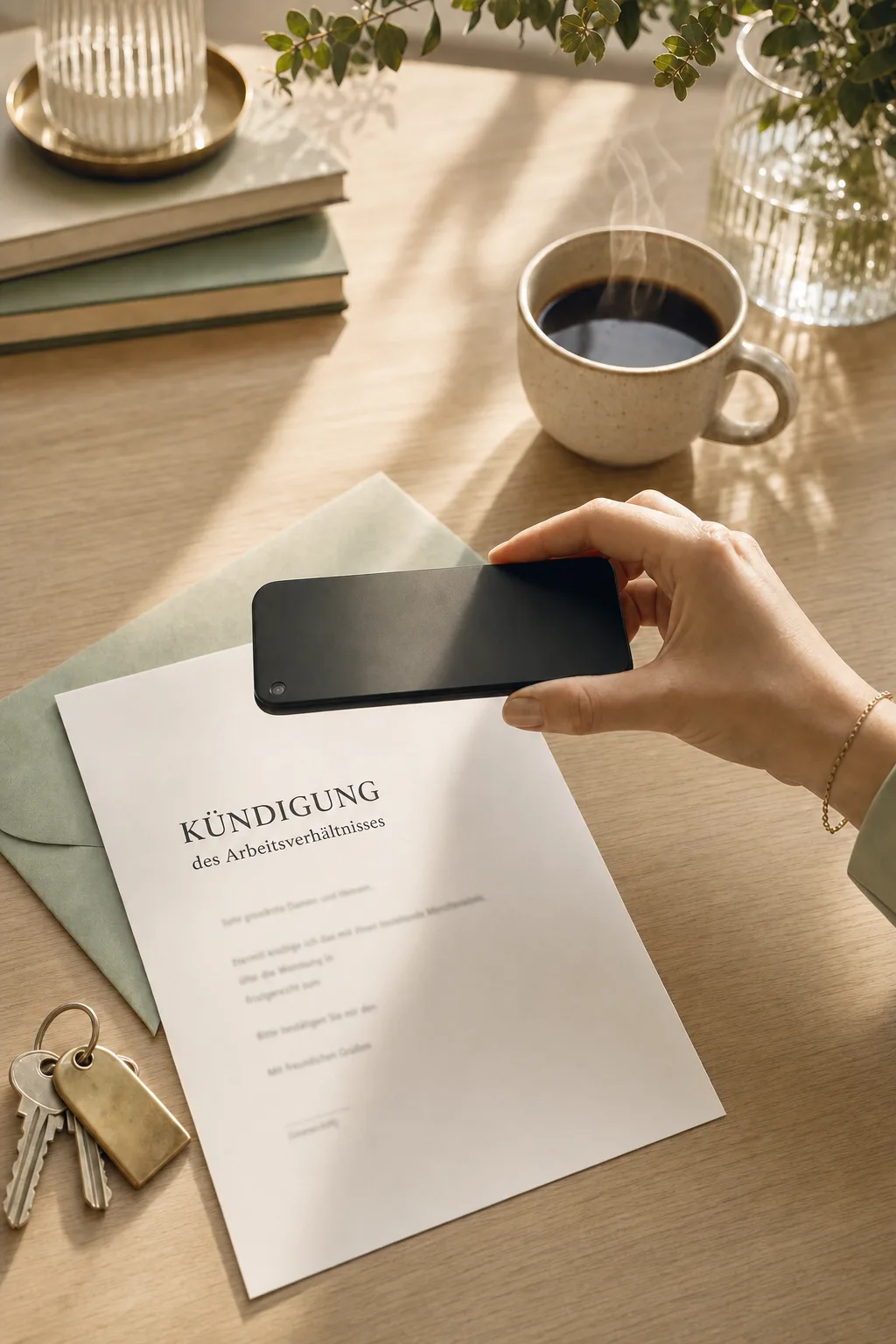 Geöffneter Kündigungsbrief mit der Überschrift „Kündigung des Arbeitsverhältnisses“ auf einem hellen Holztisch, daneben Haustürschlüssel und eine Tasse Kaffee, eine Hand hält ein Smartphone darüber und fotografiert den Brief