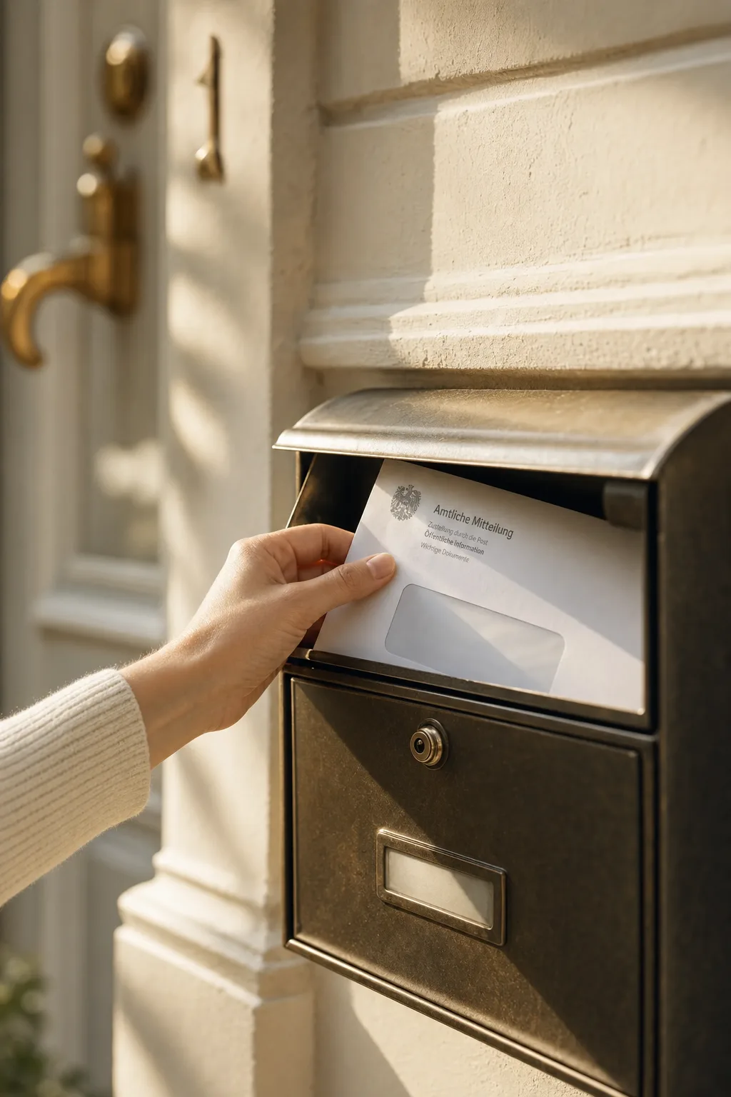 Eine Hand zieht ein amtliches Schreiben aus einem Messing-Briefkasten an einer cremefarbenen Altbau-Hauswand im warmen Nachmittagslicht