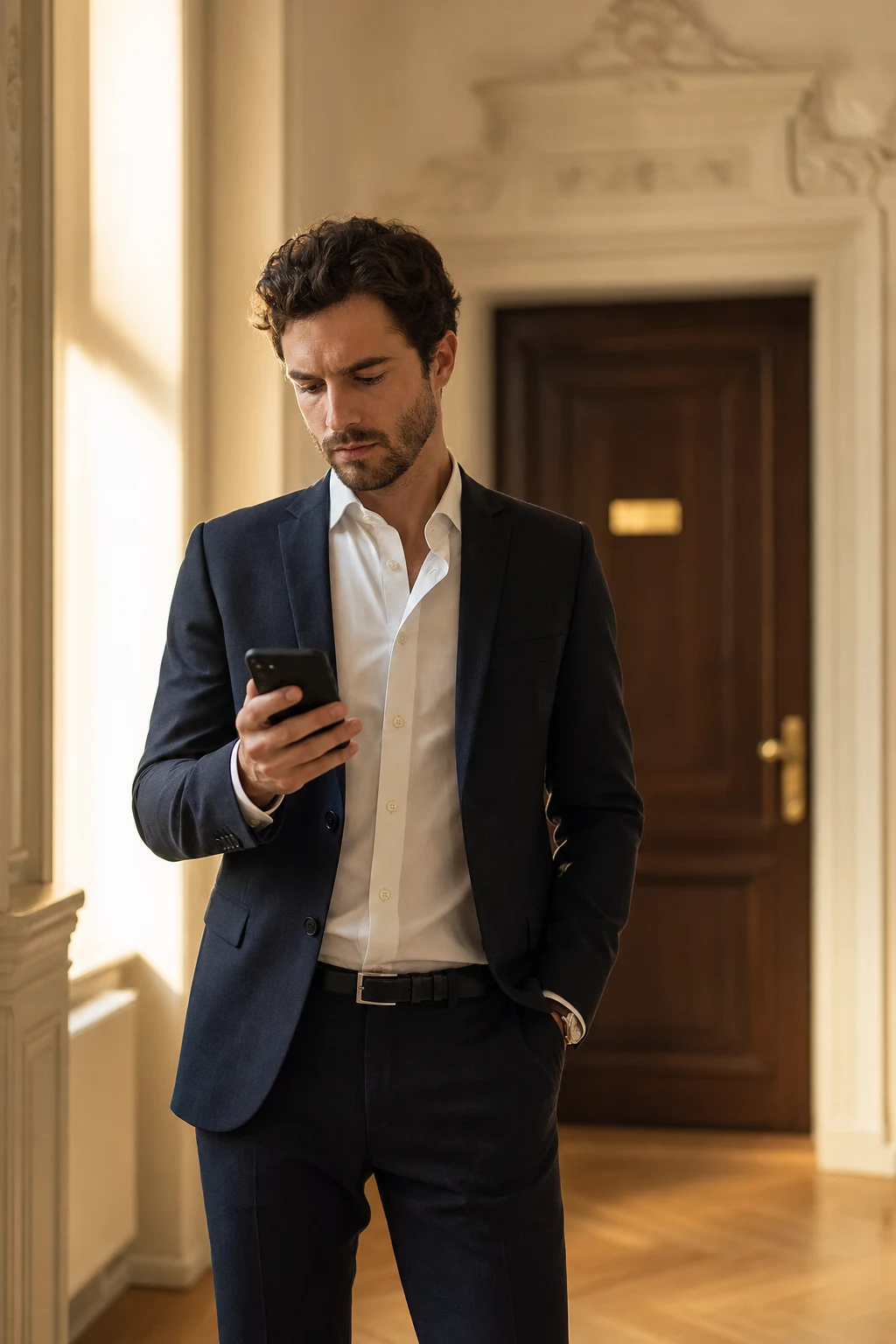 Person wägt am Schreibtisch ihre Optionen bei einer Rechtsfrage ab: Smartphone mit Jura-KI neben einem aufgeschlagenen Gesetzbuch