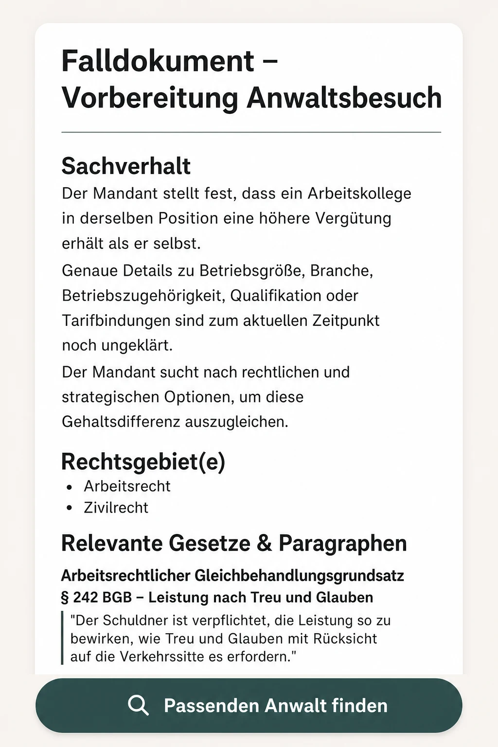 Falldokument zur Anwaltsvorbereitung