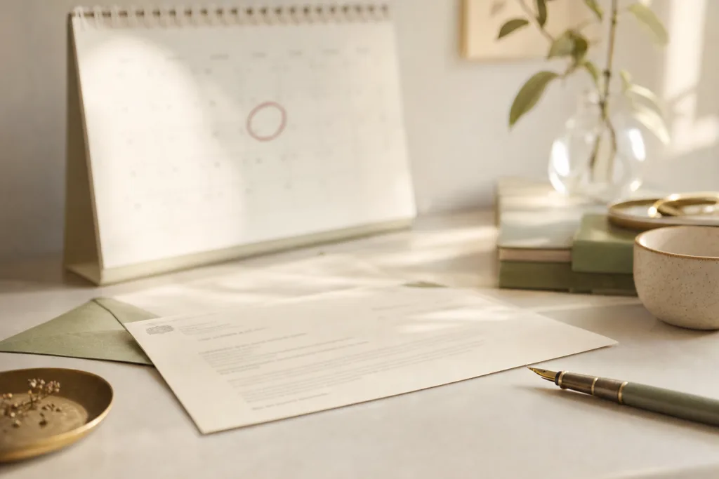 Calendar with a marked deadline next to an official letter