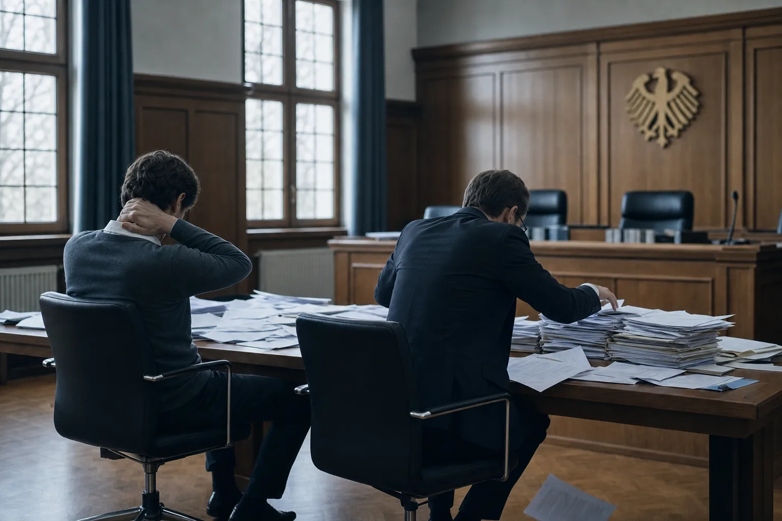 Mandant und Anwalt sitzen überfordert vor unsortierten Aktenstapeln im Gerichtssaal