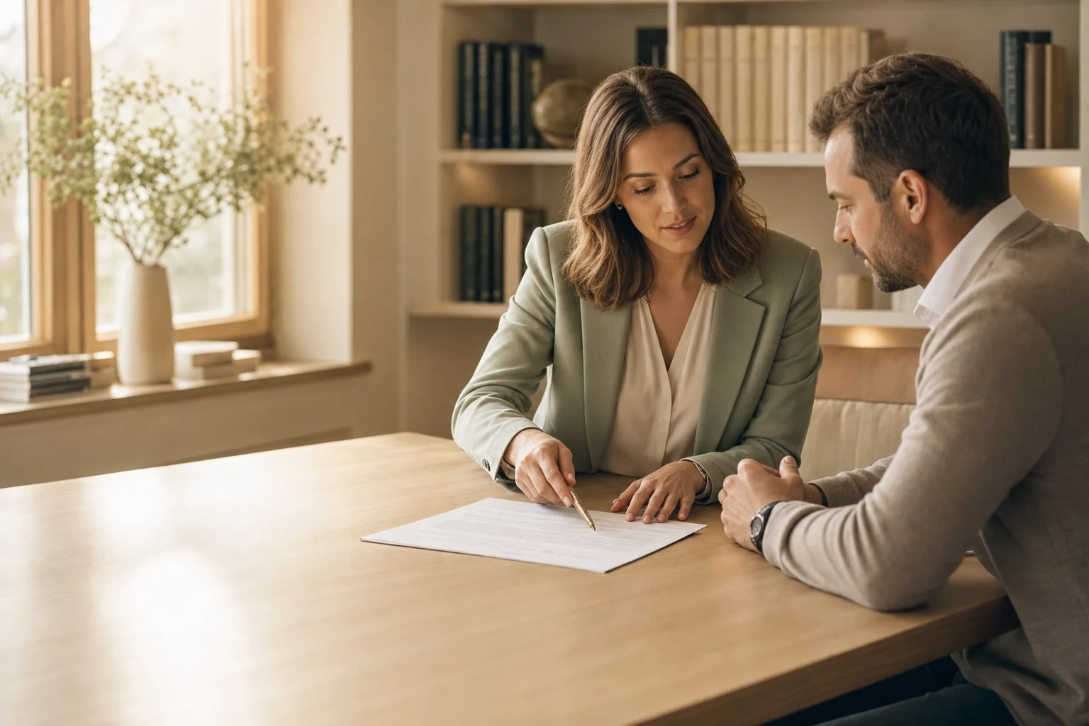 Well prepared in the lawyer meeting – client and lawyer discussing the case document at eye level