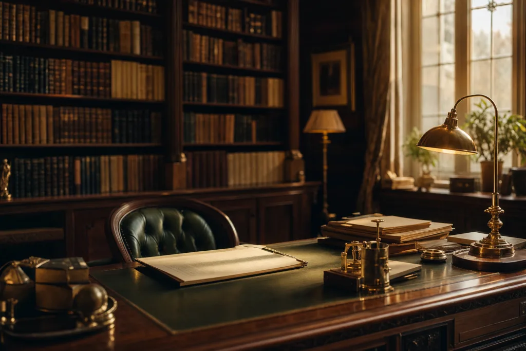 Traditional law office with legal reference books